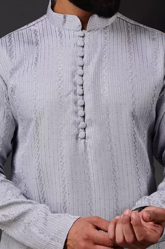 Men grey embroidered kurta with vertical sequin stripe work