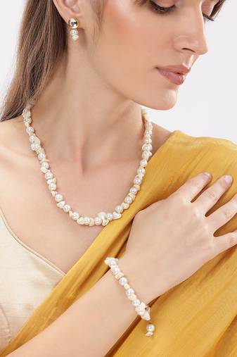 combo of premium quality white pearls kundan long necklace mala bracelet jewelry set
