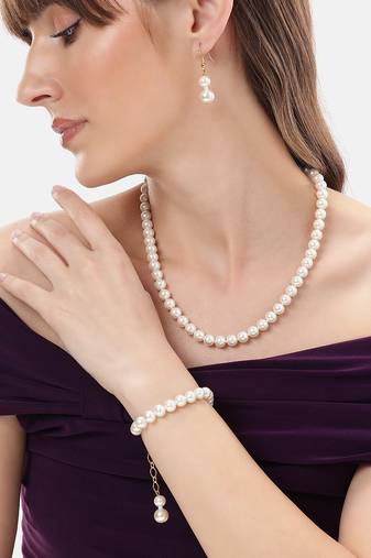 combo of premium quality white pearls kundan long necklace mala bracelet jewelry set