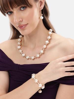 combo of premium quality pearls kundan long necklace mala bracelet jewelry set 1