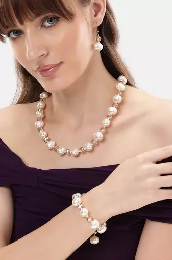 combo of premium quality pearls kundan long necklace mala bracelet jewelry set