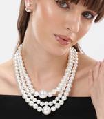 elegant 3 layer white pearl beaded necklace set with matching stud earrings