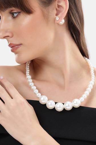 elegant single line white pearl beaded necklace set with matching stud earrings