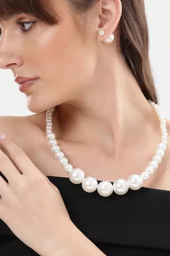 elegant single line white pearl beaded necklace set with matching stud earrings