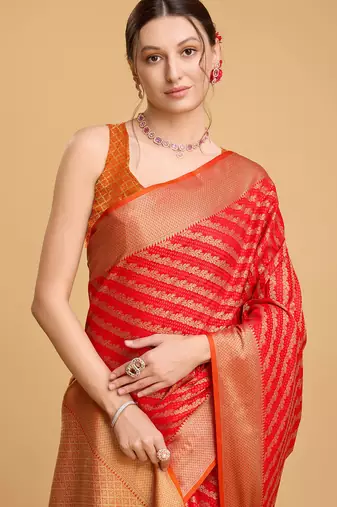 red banarasi woven saree with blouse