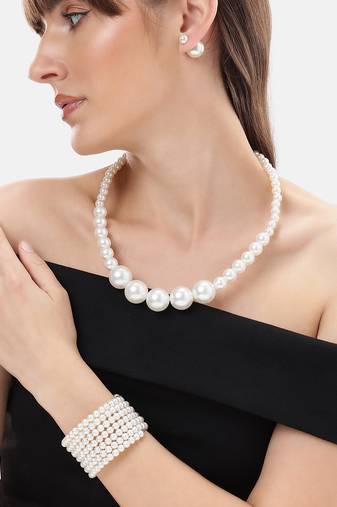 elegant single line white pearl necklace earrings and adjustable pearl bracelet