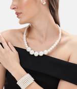 elegant single line white pearl necklace earrings and adjustable pearl bracelet