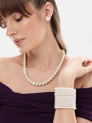 elegant single line white pearl necklace earrings and adjustable pearl bracelet 1
