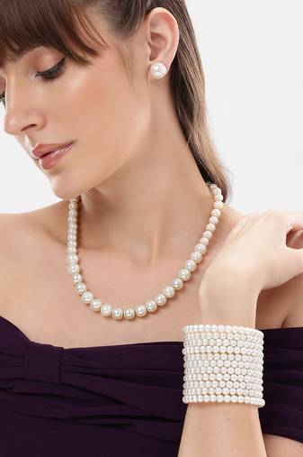elegant single line white pearl necklace earrings and adjustable pearl bracelet