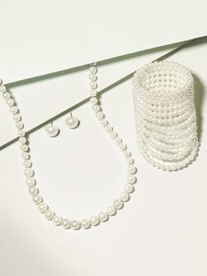 elegant single line white pearl necklace earrings and adjustable pearl bracelet 2