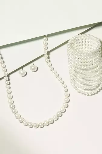 elegant single line white pearl necklace earrings and adjustable pearl bracelet