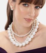 elegant 3 layer white pearl beaded necklace set with matching stud earrings