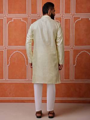 Men green kurta in cotton blend with vertical sequin embroidery 4