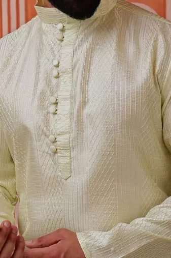 Men green kurta in cotton blend with vertical sequin embroidery