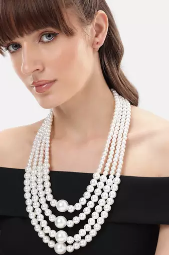 elegant 4 layer white pearl beaded necklace  mala