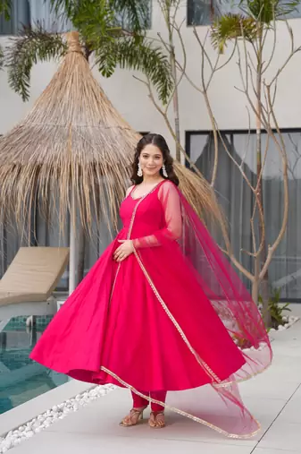 Rani Pink Sleeveless Anarkali Set with Net Dupatta