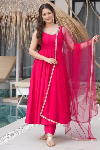 Rani Pink Sleeveless Anarkali Set with Net Dupatta