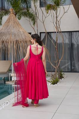 Rani Pink Sleeveless Anarkali Set with Net Dupatta 5