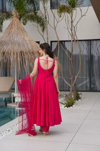 Rani Pink Sleeveless Anarkali Set with Net Dupatta