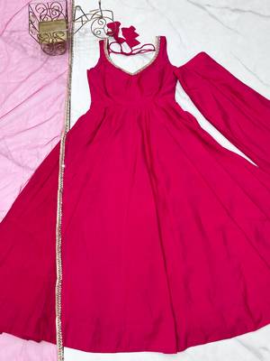 Rani Pink Sleeveless Anarkali Set with Net Dupatta 7