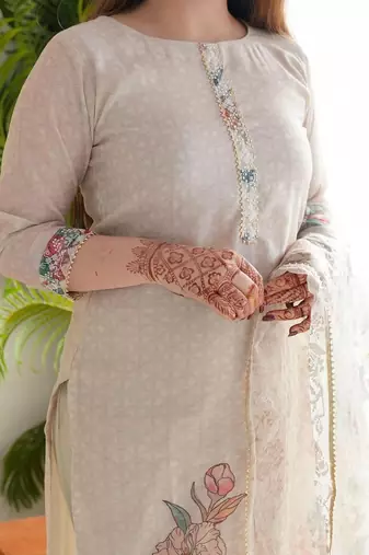 Light pastel pink Embroidered Off-White Kurta with Dupatta Set for Women