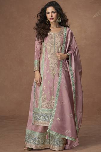Onion pink organza simar silk embroidered plazzo suit