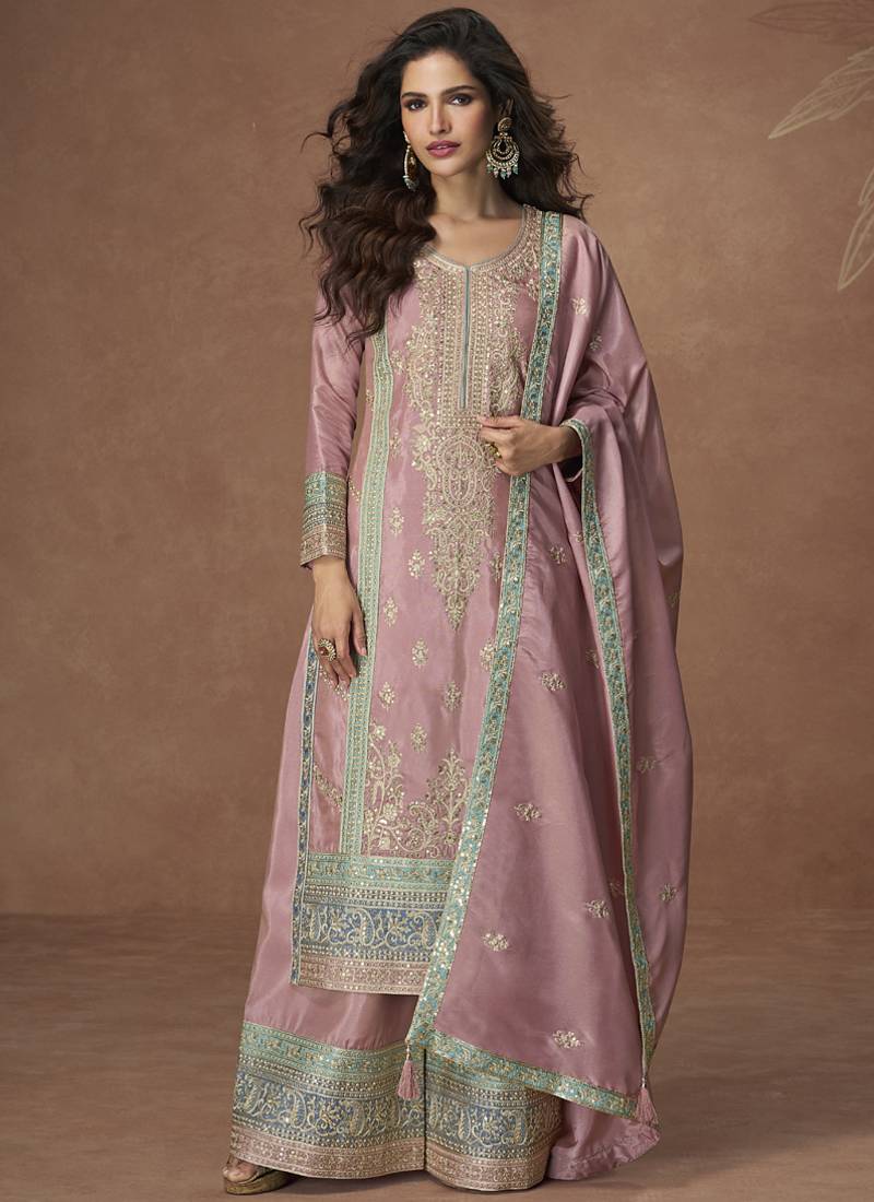 Onion pink organza simar silk embroidered plazzo suit