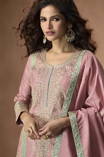 Onion pink organza simar silk embroidered Palazzo suit