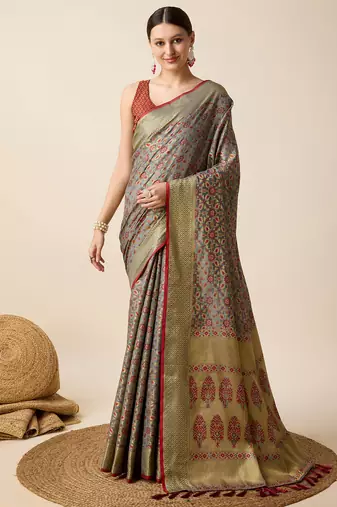 grey banarasi silk blend saree