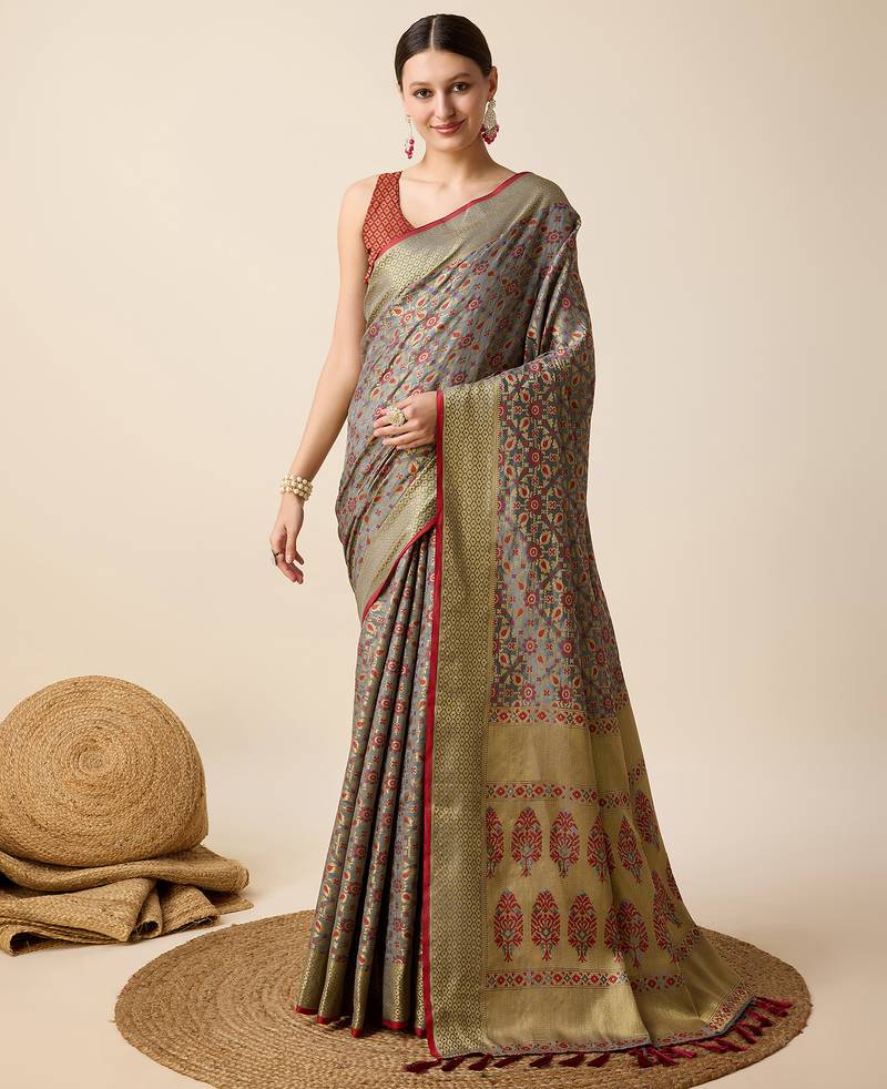 grey banarasi silk blend saree