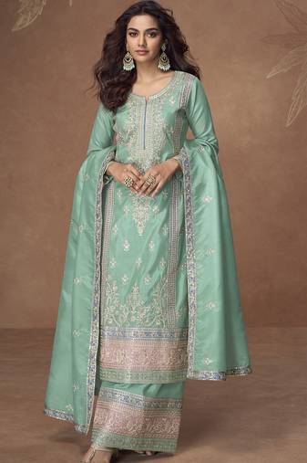 Sea green organza simar silk embroidered plazzo suit