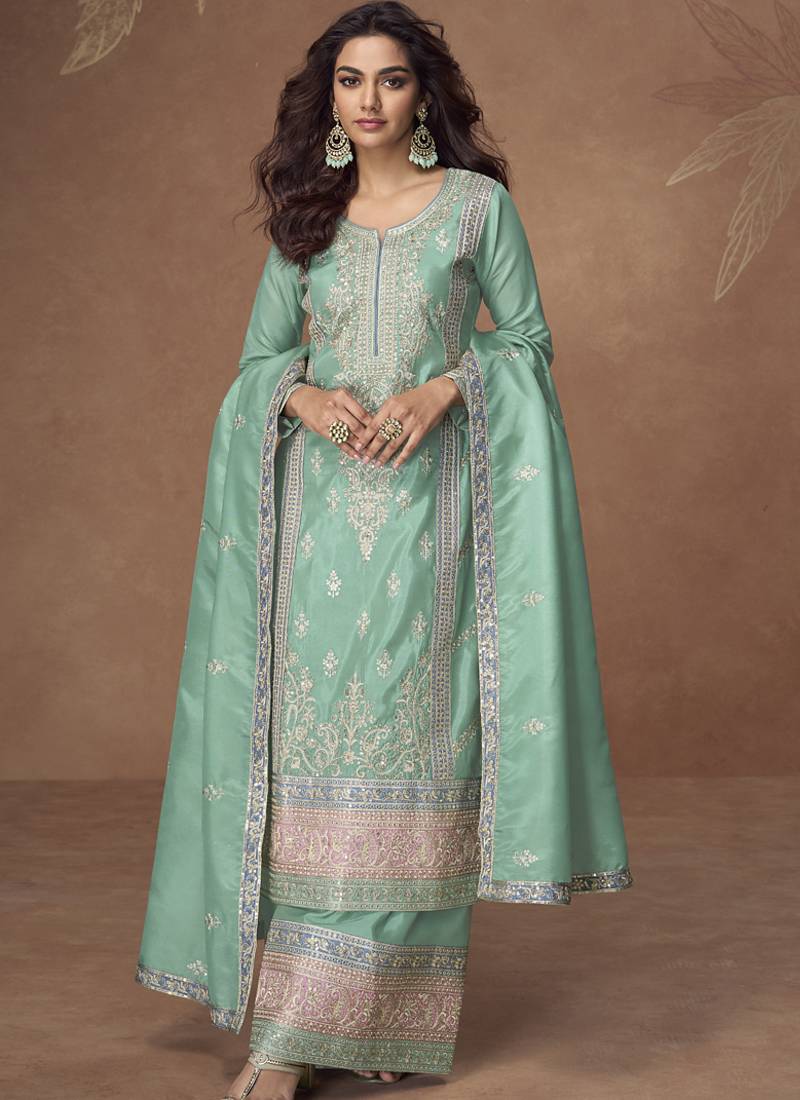 Sea green organza simar silk embroidered plazzo suit