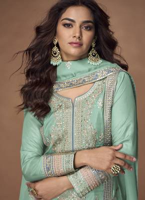 Sea green organza simar silk embroidered Palazzo suit 2