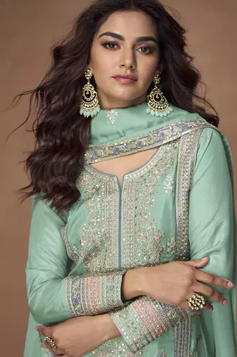 Sea green organza simar silk embroidered Palazzo suit