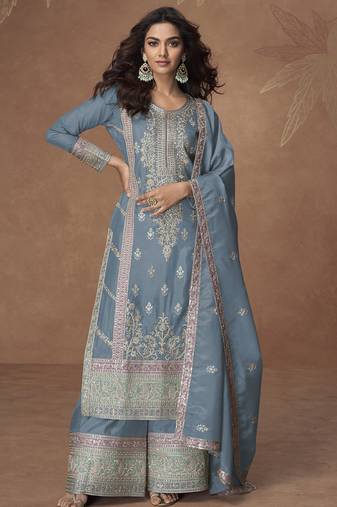 Grey organza simar silk embroidered plazzo suit