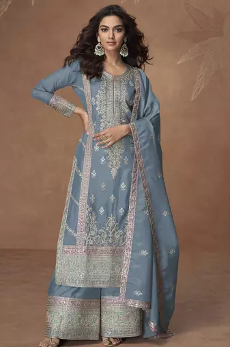 Grey organza simar silk embroidered plazzo suit