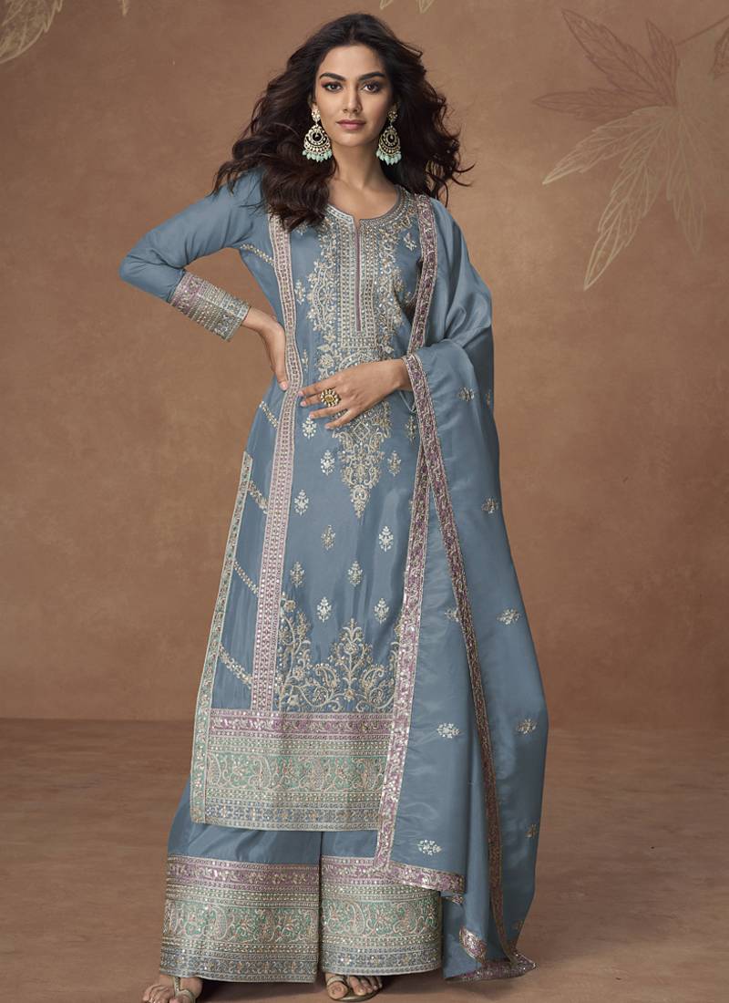 Grey organza simar silk embroidered plazzo suit