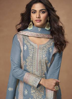 Grey organza simar silk embroidered Palazzo suit 2