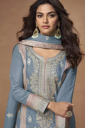 Grey organza simar silk embroidered Palazzo suit