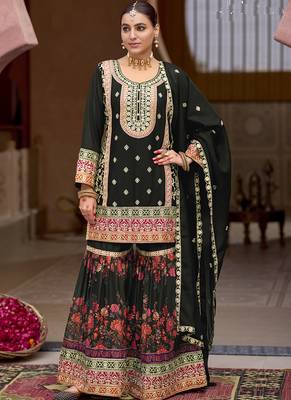 Black chinon silk embroidered sharara suit 1