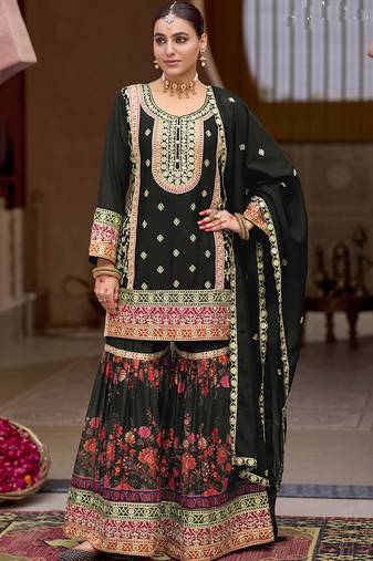 Black chinon silk embroidered sharara suit
