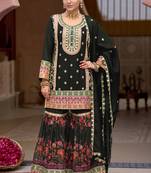 Black chinon silk embroidered sharara suit