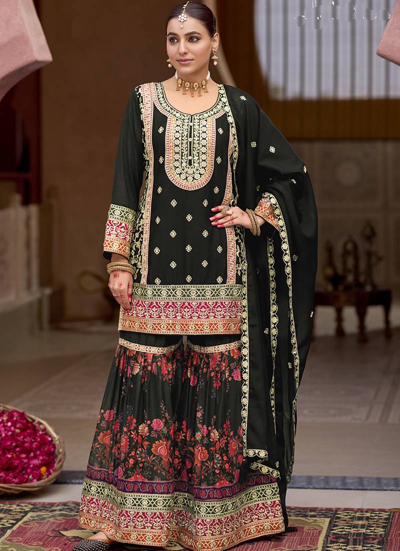 Black chinon silk embroidered sharara suit