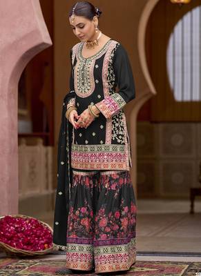 Black chinon silk embroidered sharara suit 2