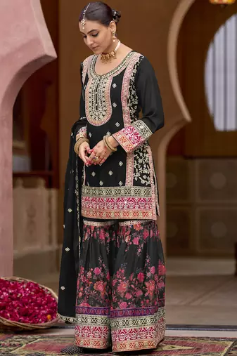 Black chinon silk embroidered sharara suit