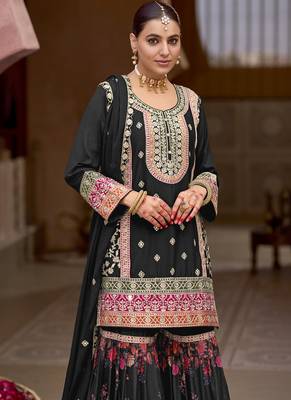 Black chinon silk embroidered sharara suit 3