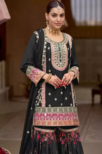 Black chinon silk embroidered sharara suit