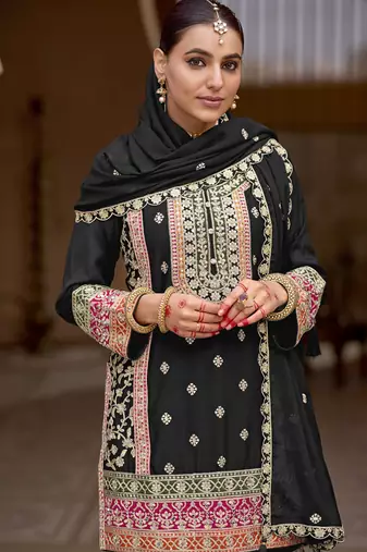 Black chinon silk embroidered sharara suit