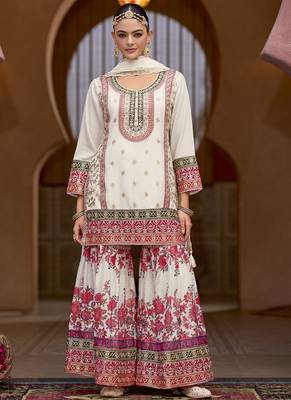 White chinon silk embroidered sharara suit 1