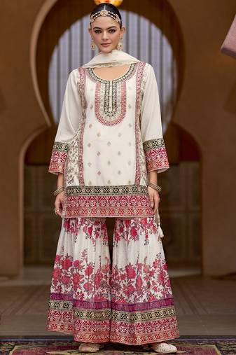 White chinon silk embroidered sharara suit